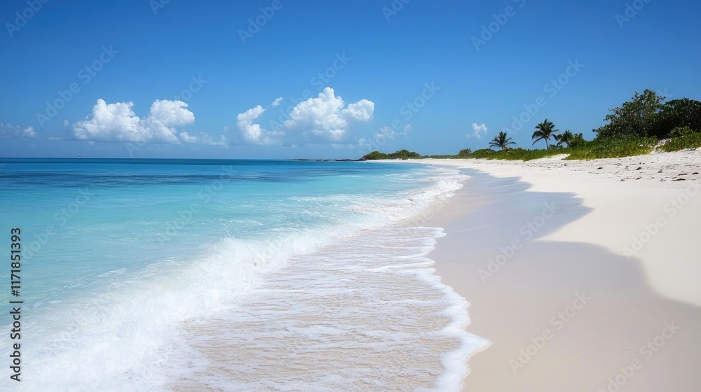 A serene beach with gentle waves lapping at the shore under a clear sky A serene beach with gentle waves lapping at the shore under a clear sky