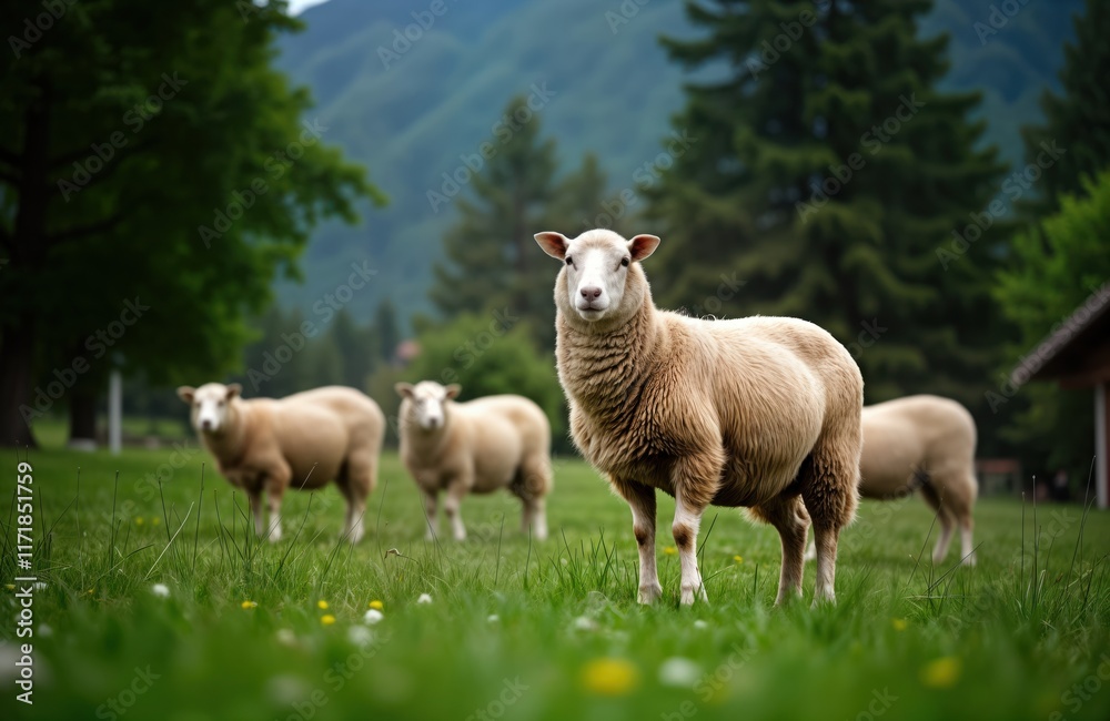 Sheep graze on green lawn in Swiss village. Swiss countryside scene. Fluffy sheep stand amidst vibrant green grass. Natural rural setting. Charming landscape. Peaceful atmosphere. Farm animals in Sheep graze on green lawn in Swiss village. Swiss countryside scene. Fluffy sheep stand amidst vibrant green grass. Natural rural setting. Charming landscape. Peaceful atmosphere. Farm animals in