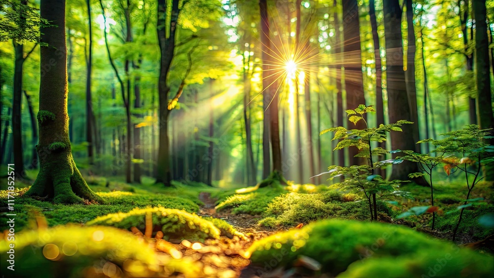 Fototapeta premium Enchanted forest photography: Tilt-shift transforms sunlit woods into a miniature fairytale setting.