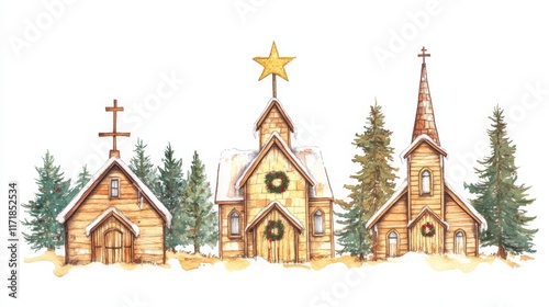 Charming christmas village watercolor of three wooden churches with wreaths and snowy trees photo