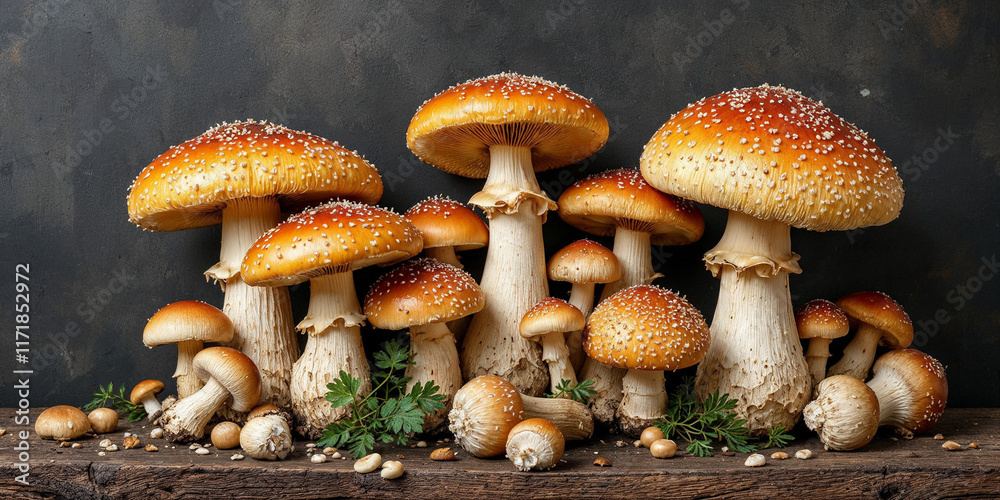 Obraz premium Concept photo of mushrooms, mushroom photography