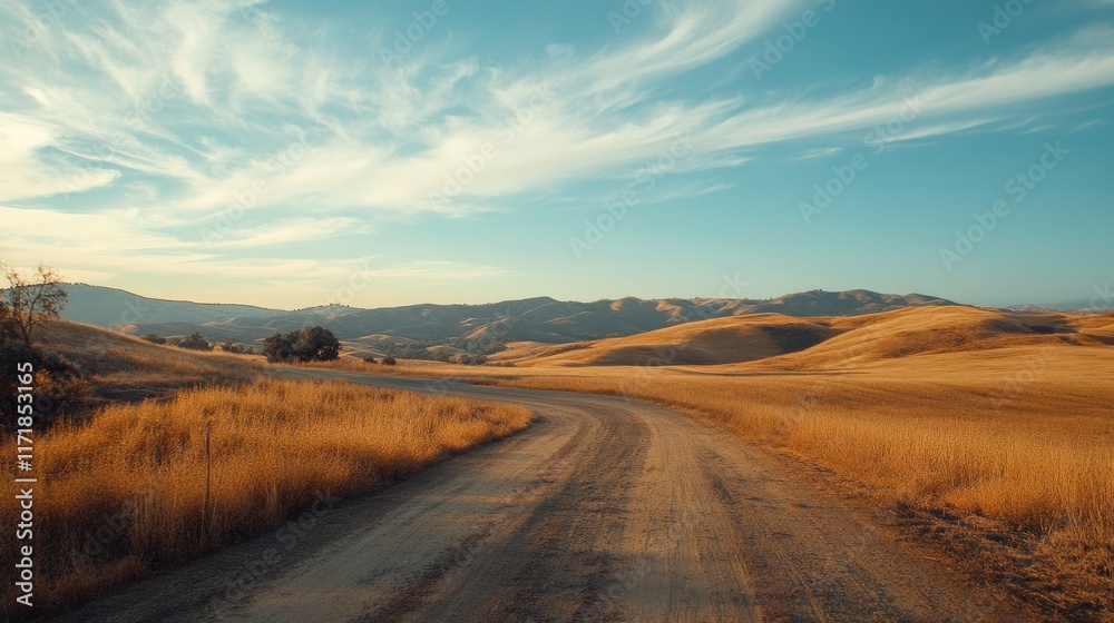 A charming rural landscape with a winding dirt road leading through golden fields and rolling hills, inviting exploration. 8k, realistic, full ultra HD, high resolution, and cinematic photography A charming rural landscape with a winding dirt road leading through golden fields and rolling hills, inviting exploration. 8k, realistic, full ultra HD, high resolution, and cinematic photography