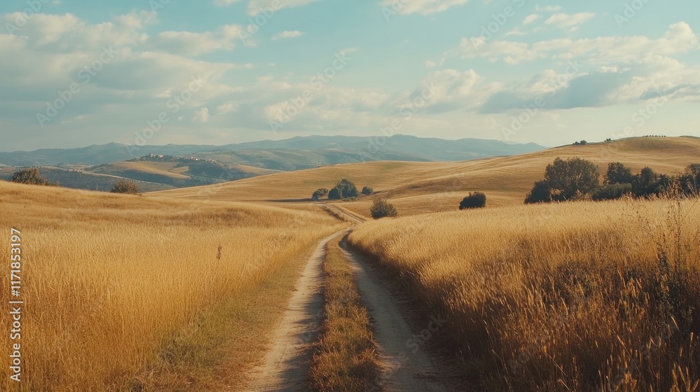A charming rural landscape with a winding dirt road leading through golden fields and rolling hills, inviting exploration. 8k, realistic, full ultra HD, high resolution, and cinematic photography A charming rural landscape with a winding dirt road leading through golden fields and rolling hills, inviting exploration. 8k, realistic, full ultra HD, high resolution, and cinematic photography