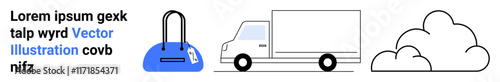 Bag with zipper, truck in motion, and cloud symbols. Ideal for e-commerce, delivery services, shipping, logistics, online shopping fast shipping and cloud storage. Landing page