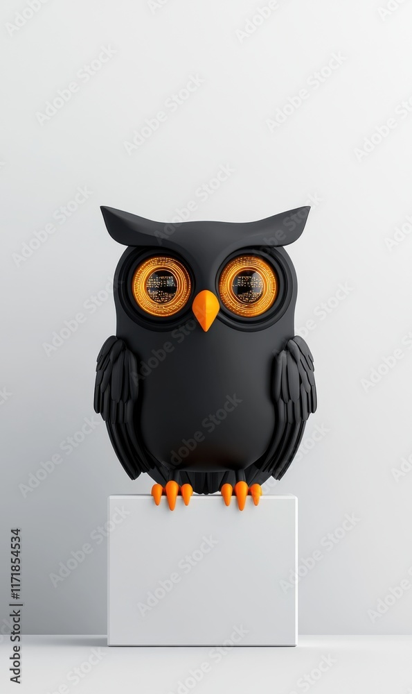 Naklejka premium Black decorative owl sculpture with vibrant orange eyes on a minimalist pedestal against a light background
