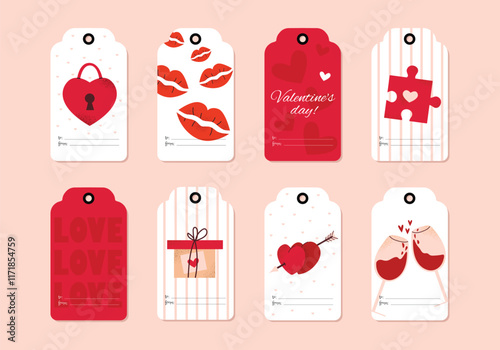 Set of gift tags for Valentine's Day. Cute and stylish tags with hearts, kisses, and the word love. Vector illustration with pink isolated background.