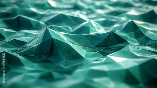 A green abstract low poly triangle field creates a mesmerizing polygonal technology background offering a visually stunning 3D render that captivates imagination with intricate futuristic design

 photo