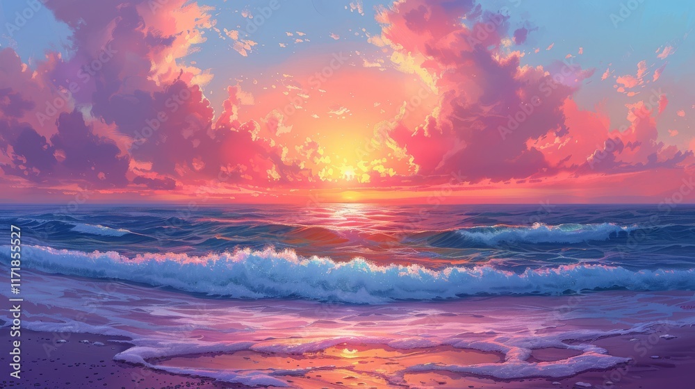 Sun sets over ocean waves, painting the sky in vibrant colors. Concept of serenity and nature's beauty. For wall art or relaxation scenes Sun sets over ocean waves, painting the sky in vibrant colors. Concept of serenity and nature's beauty. For wall art or relaxation scenes