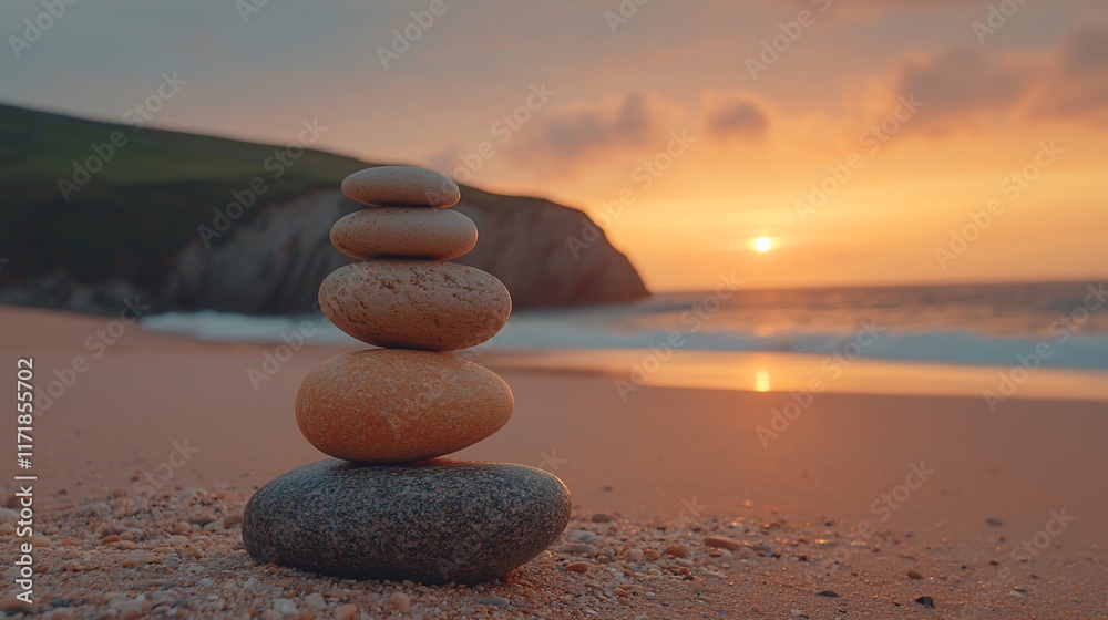 Stacked stones on beach at sunset. Stacked stones on beach at sunset.