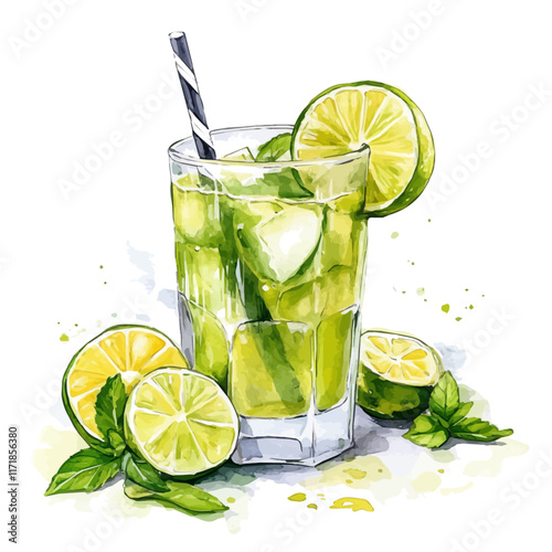 A watercolor vector painting of a lemon lime mint juice, isolated on a white background. Lemon Lime Mint Juice vector.

