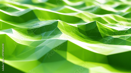 A green abstract low poly triangle field creates a mesmerizing polygonal technology background offering a visually stunning 3D render that captivates imagination with intricate futuristic design

 photo