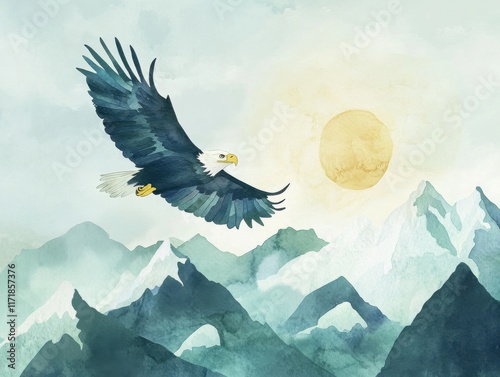 Majestic eagle soaring over mountain landscape in whimsical watercolor illustration