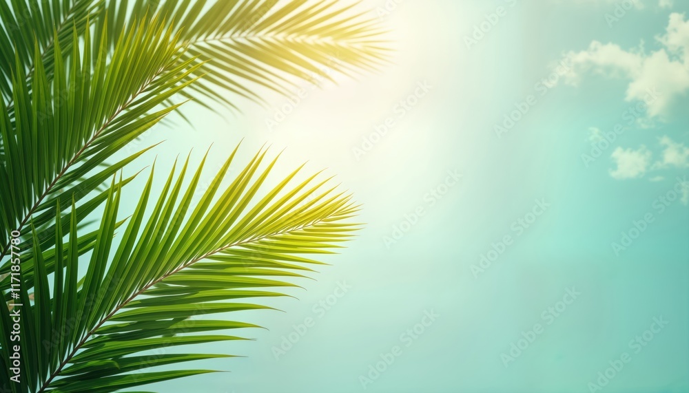 Obraz premium Palm Sunday concept photo shows rich green palm leaves against pastel blue sky with soft clouds. Sunny day. Beautiful natural background. Fresh foliage. Tropical feeling. Peaceful scene. Symbol of
