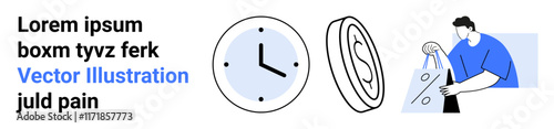 Clock face with black hands, circular arrow symbol, and man carrying shopping bags. Ideal for time management, recycling, shopping, e-commerce, scheduling productivity efficiency. Landing page