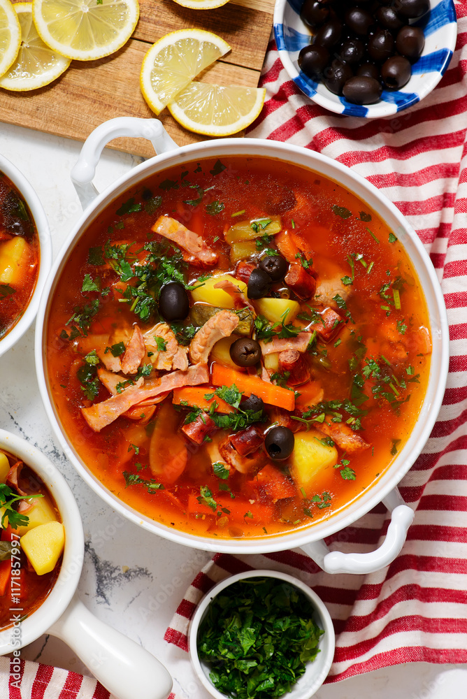Solyanka. Russian traditional soup with smoked meats and pickles .style rustic Solyanka. Russian traditional soup with smoked meats and pickles .style rustic