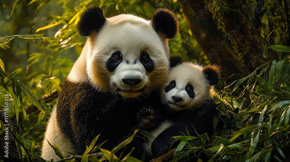 Obraz premium Mother panda gently cradles her cute cub amidst lush bamboo foliage.