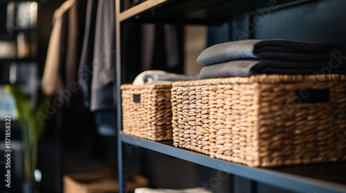 A well-organized home space with shelves holding rustic wicker baskets and soft fabric storage boxes, providing a tidy solution for clothes and linens. photo