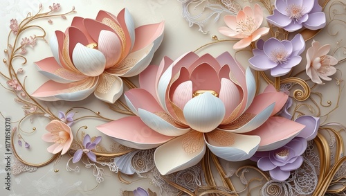 Elegant 3D Floral Background: Pink and Purple Lotus Flowers with Gold Accents