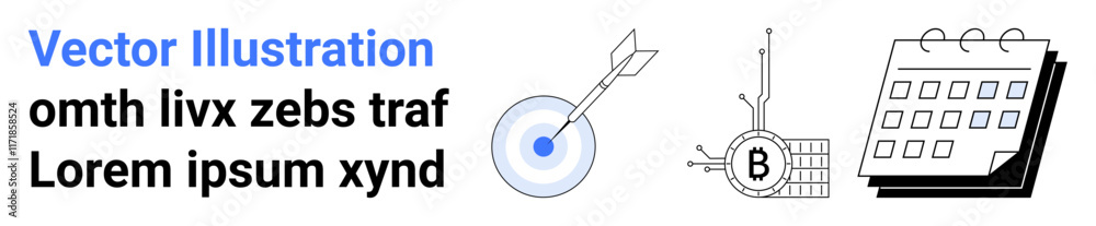 Bullseye target with an arrow, Bitcoin symbol with circuit data, and a calendar. Ideal for business strategies, financial planning, digital marketing, project management, scheduling, goals setting Bullseye target with an arrow, Bitcoin symbol with circuit data, and a calendar. Ideal for business strategies, financial planning, digital marketing, project management, scheduling, goals setting