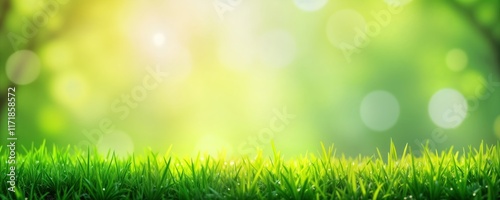 Fresh spring garden with green grass, blurred foliage bokeh. Sunny background. Ideal for springtime nature illustrations. Light, natural. Perfect for wallpaper templates. Soft focus creates abstract