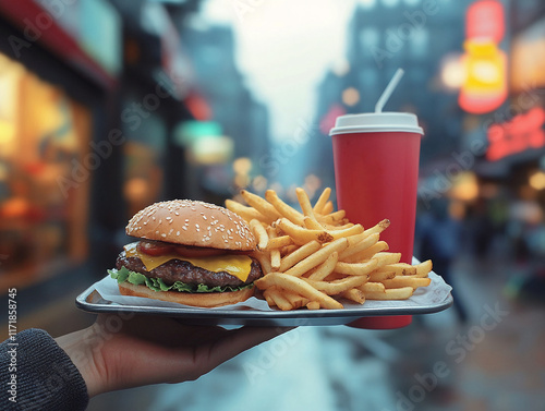 Burger Menu with Fries and Coke on a Tray with Blurred City Street Background Capturing Urban Fast Food Delight photo