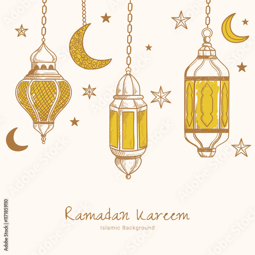 Hand drawn sketch of ramadan lantern background with crescent and stars. Ramadan kareem greeting vector illustration