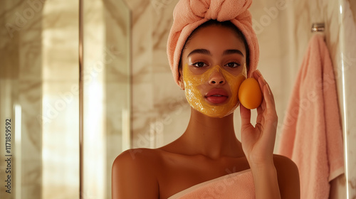 A young woman with glowing skin and a towel-wrapped head massages an orange exfoliating mask onto her face, standing in a luxurious marble bathroom.