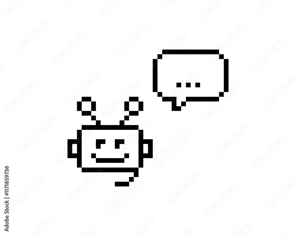 Cute bot support service pixel art icon. Robot head answering. Speech bubble. Chatbot 8 bit emoji. Vintage retro sticker. Editable pixel vector illustration. Game abstract element. Y2k geometric shape Cute bot support service pixel art icon. Robot head answering. Speech bubble. Chatbot 8 bit emoji. Vintage retro sticker. Editable pixel vector illustration. Game abstract element. Y2k geometric shape