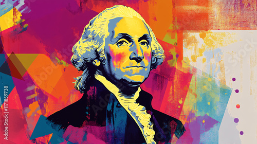 A vibrant pop art portrait of George Washington featuring bold colors and abstract geometric patterns in a modern artistic style

