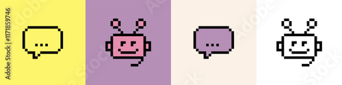 Bot support service pixel art icon line. Robot head answering. Speech bubble. Chatbot 8 bit emoji. Vintage retro sticker. Editable pixel vector illustration. Game abstract element. Y2k geometric shape