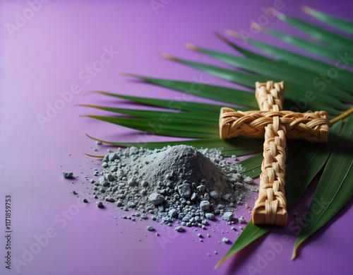 Religious concept photo. Christian cross with ashes, palm leaf on purple background. Lent season, Holy Week theme. Symbol of faith, sacrifice. Represents Christian traditions like Ash Wednesday, Good