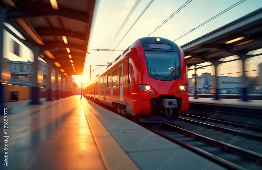 Modern red train departs from urban railway station at sunset. Fast motion blur shows speed, transit. Sunny evening in city. Busy transportation hub. Commuter rail technology. Rapid transit system. Modern red train departs from urban railway station at sunset. Fast motion blur shows speed, transit. Sunny evening in city. Busy transportation hub. Commuter rail technology. Rapid transit system.