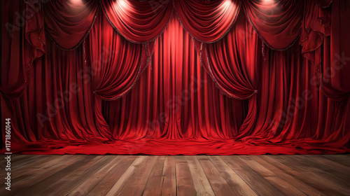 Luxurious red velvet curtains draping over a wooden floor, highlighted by spotlights, red, velvet, curtains, wooden. Velveted. Illustration
