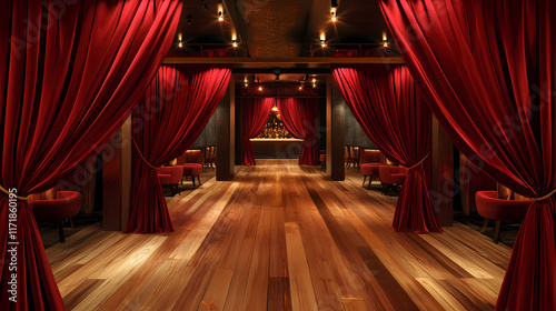 Luxurious red velvet curtains draping over a wooden floor, highlighted by spotlights, red, velvet, curtains, wooden. Velveted. Illustration