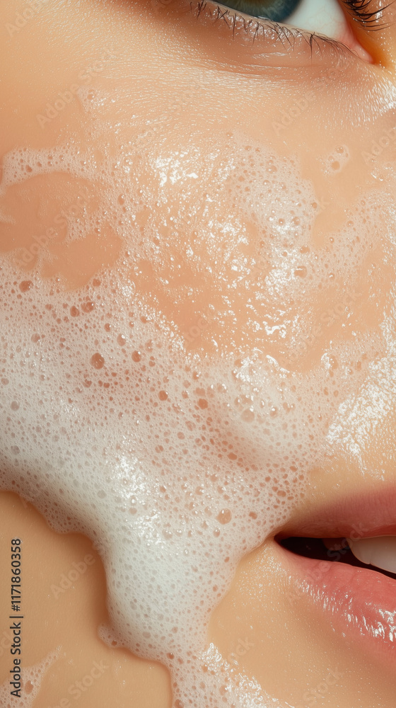 Fototapeta premium A woman's face is covered in bubbles from a facial wash