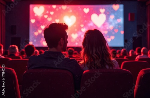 Couple watching romantic movie in cinema with hearts on screen