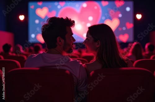 Young couple watching romantic movie in cinema, sharing a moment of love