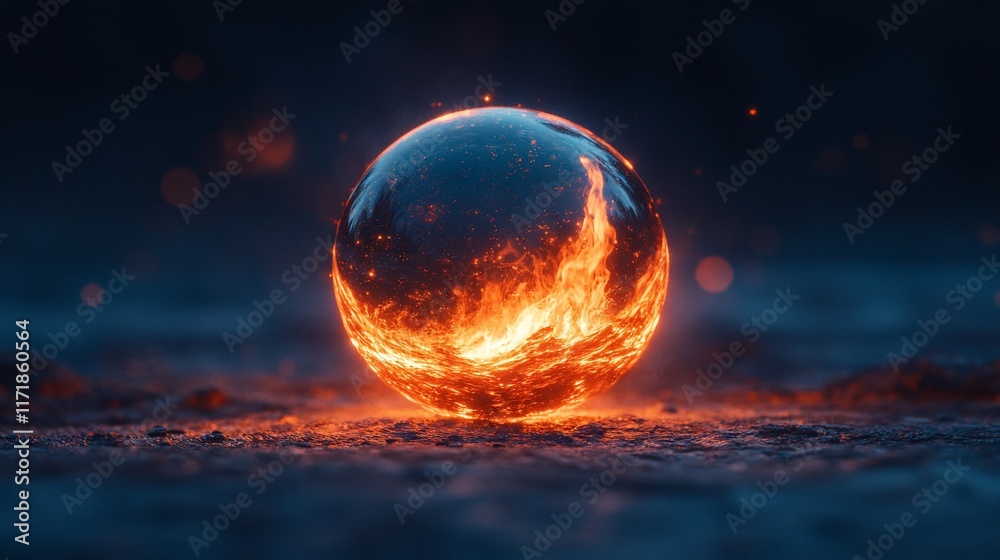 Fiery Orb on Dark Surface.