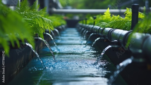 Clean water is pouring from a series of pipes in a water purification system, surrounded by lush green ferns, showcasing sustainable water treatment and resource management photo