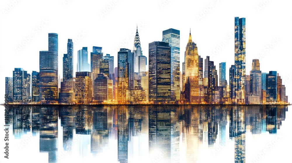 Obraz premium Night cityscape skyline reflecting on calm water, isolated on white.