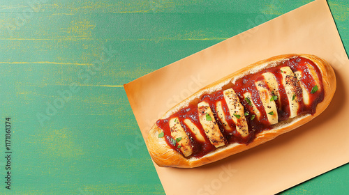 Delicious baked potato topped with melted cheese, barbecue sauce, and fresh parsley on paper sheet over green background for creative food photography concepts. photo