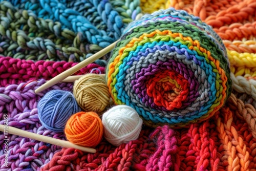 Balls of colorful yarn and wooden knitting needles lying on a handmade knitted garment, showcasing the beauty of handcrafted creations