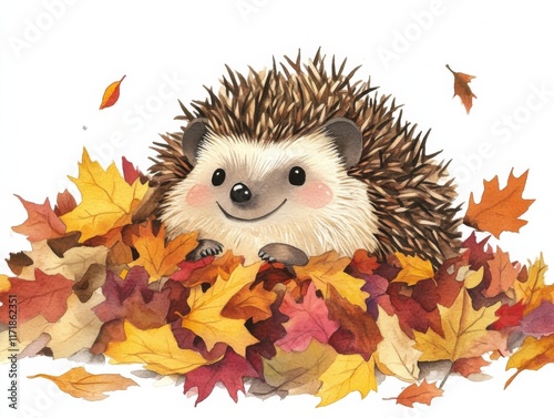 Whimsical autumn scene with happy hedgehog in colorful leaves