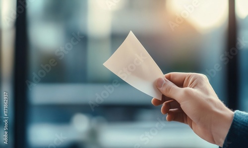 Hand holding a blank piece of paper near a window.