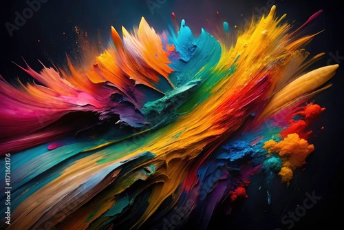 Modern fluid art explodes with colorful texture against a stark black background; a vibrant contemporary statement.