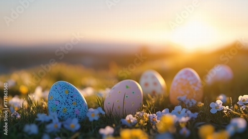 Easter eggs in a white flower patch backlit by the sunset. Easter themed background with negative space for advertisement placement. photo