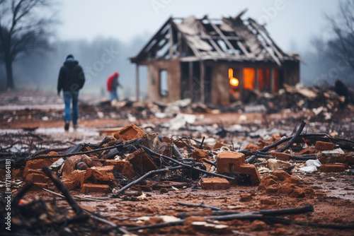 Witness devastating aftermath of a tornado's wrath as chaos ensues leaving a once sturdy house in ruins with its broken structure serving as a haunting reminder of nature's destructive power photo