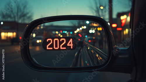 A car’s rearview mirror shows the year 2024 against a twilight cityscape with warm glowing lights and a moody evening atmosphere

