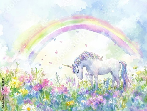 Whimsical spring unicorn in watercolor with rainbow and flowers for fantasy artwork