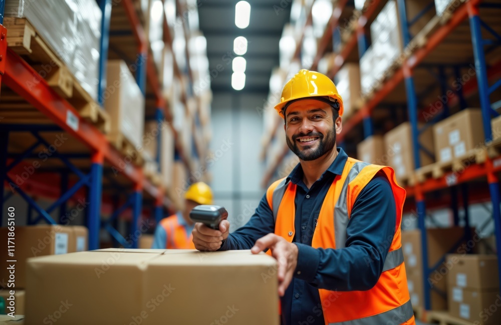 © Maryna - Warehouse worker scans box happily at camera. Worker in safety vest, hardhat. Cheerful. Inside large warehouse. Distribution center. Man working. Focus on business logistic. Receiving shipment. © Maryna - Warehouse worker scans box happily at camera. Worker in safety vest, hardhat. Cheerful. Inside large warehouse. Distribution center. Man working. Focus on business logistic. Receiving shipment.